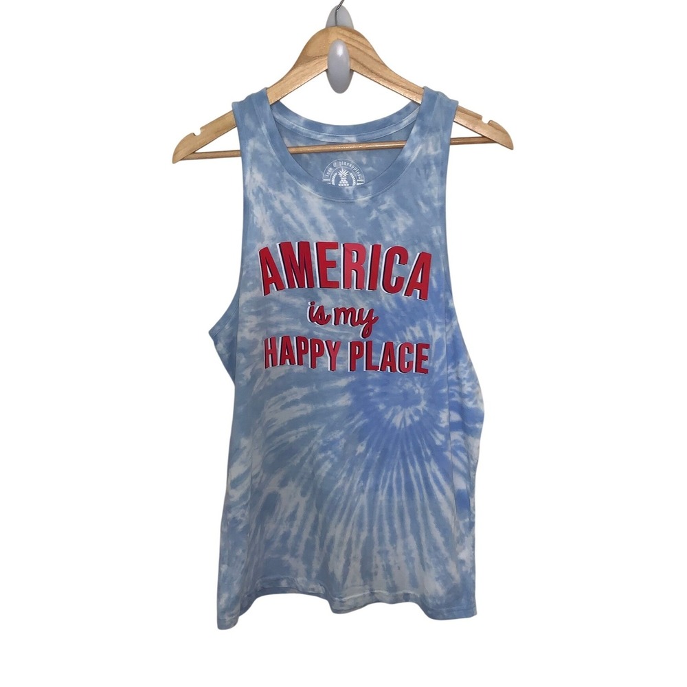 NWT "America Is My Happy Place"   Love & Pineapples Tie Dye Tank Top Blue Medium